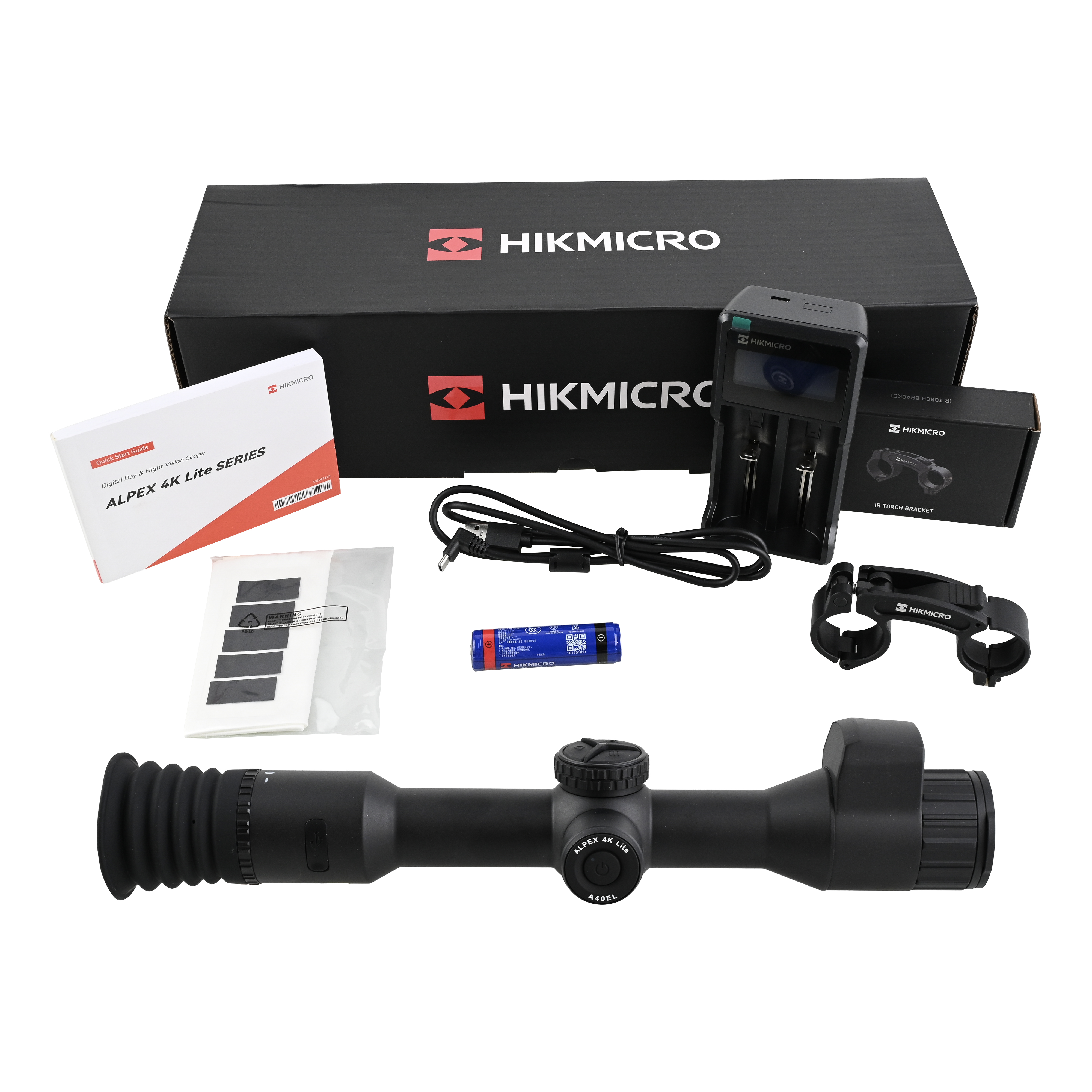 Zdjęcie zestawu Alpex 4K A40EL LRF Lite Hikmicro z akcesoriami