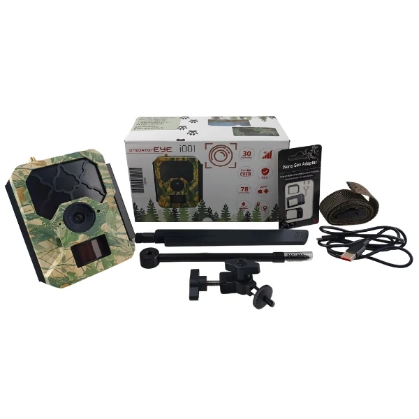 Zestaw KameraFotopułapka Predator Eye i001AES szyfrowanie zdjęć Full-HD 4G LTE GSM 30MPX + 8XAA + SD 32GB + Karta SIM