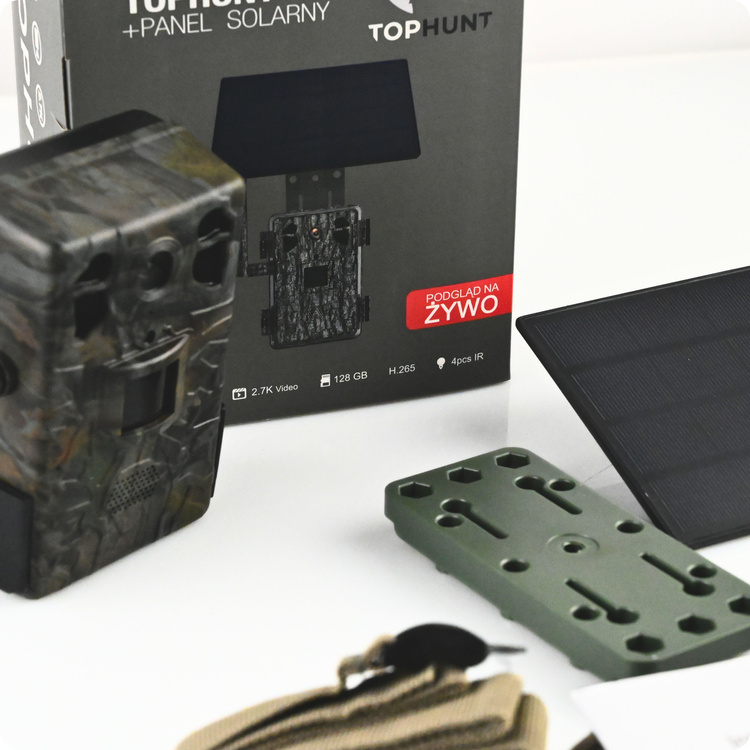 Zestaw Fotopułapka gsm Kamera Leśna TOPHUNT H6 Dark Green Panel Solarny 6xAkumulator 18650 Karta SD 32 GB Karta SIM Orange