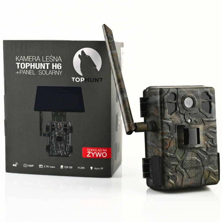 Zestaw Fotopułapka gsm Kamera Leśna TOPHUNT H6 Dark Green Panel Solarny 6xAkumulator 18650 Karta SD 32 GB Karta SIM Orange