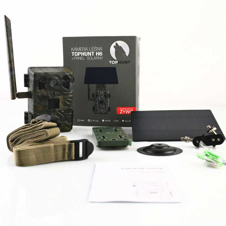 Zestaw Fotopułapka gsm Kamera Leśna TOPHUNT H6 Dark Green Panel Solarny 6xAkumulator 18650 Karta SD 32 GB Karta SIM Orange