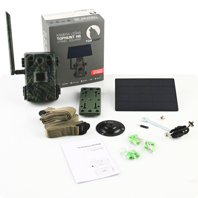 Zestaw Fotopułapka GSM Kamera Leśna TOPHUNT H6 Green Panel Solarny 6xAkumulator 18650 Karta SD 32 GB Karta SIM Orange