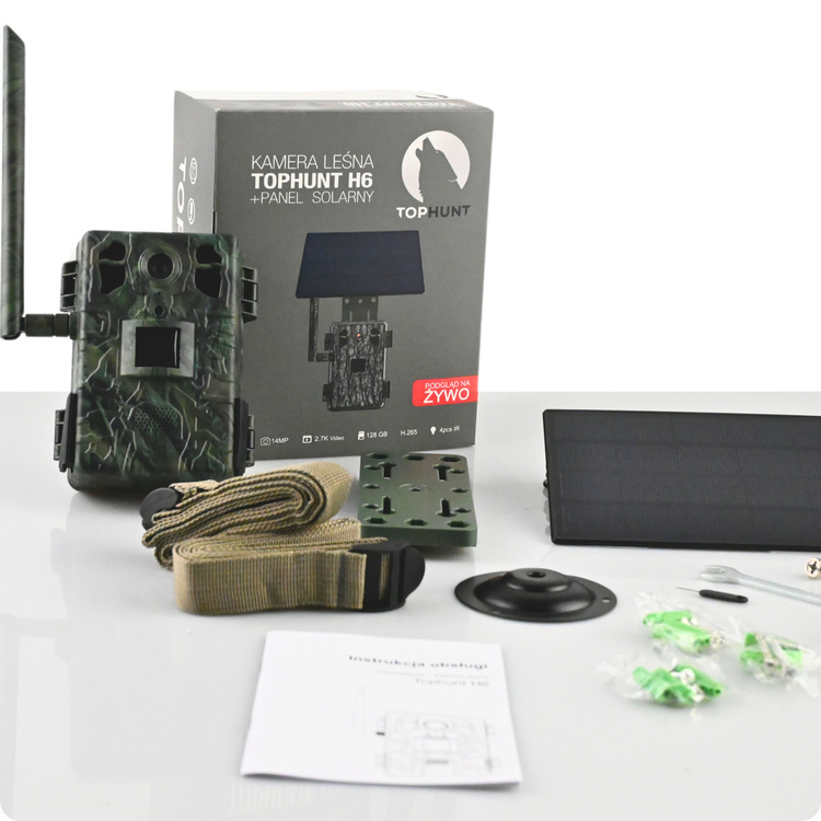 Zestaw Fotopułapka GSM Kamera Leśna TOPHUNT H6 Green Panel Solarny 6xAkumulator 18650 Karta SD 32 GB Karta SIM Orange