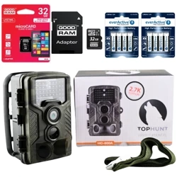 Zestaw Fotopułapka kamera leśna TOPHUNT HC800A FHD 42xIR 16MPX + Karta SD 32 GB +8xAA